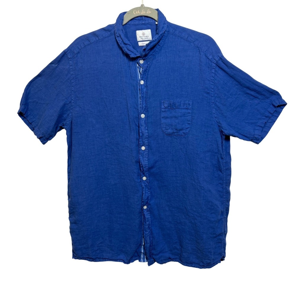 Serge Blanco Mens XL Royal Blue Linen Short Sleeve Button Down Shirt France